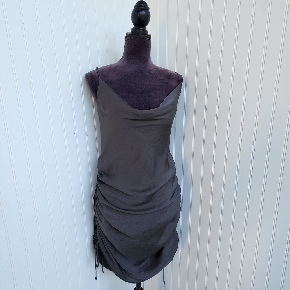 Glam Women's Charcoal Gray Satin Cowl Neck Mini Dress Ruched Sides Sz S
